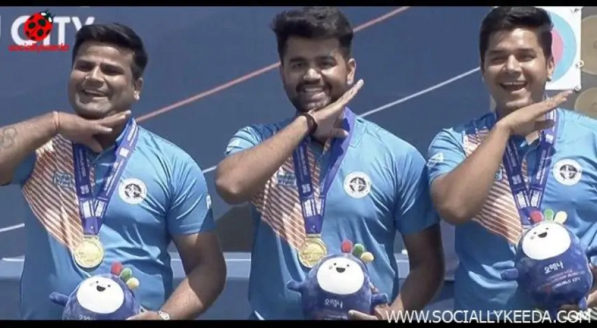 Indian Compound Men’s Team Abhishek Verma, Aman Saini and Rajat Chauhan do Pushpa Celebration After Winning Gold Medal at Archery World Cup 2023