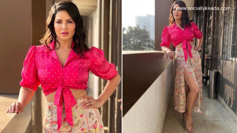 Sunny Leone in a Polka Dot Crop Top Paired With Thigh-High Slit Skirt Looks Absolutely Gorg! (View Pics)